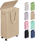 Slim Laundry Hamper with Lid and Wheels, Small Rolling Laundry Basket with Handle for Small Spaces, Tall Dirty Clothes Hampers for Dorm, Bathroom and Bedroom, 55L, Oatmeal