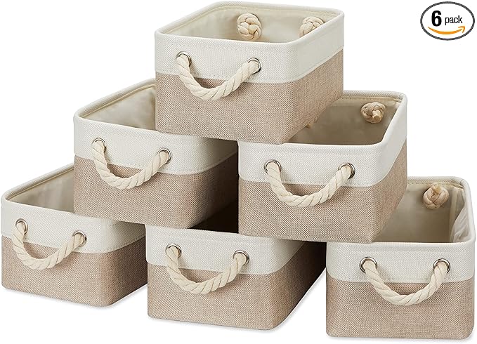 Temary Small Fabric Storage Baskets 6 Pcs Decorative Baskets Bins for Gifts Empty Foldable Storage Basket with Handles for Organizing Shelf, Towels (White&Khaki,11.8 L x 7.9 W x 5.3 H inches)