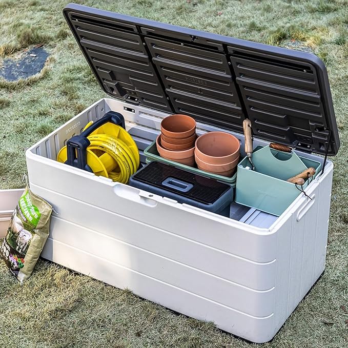 Outdoor Storage Box Waterproof, 100 Gallon Lockable Resin Deck Box Large, Patio Storage Bin for Pool Accessories Cushion Furniture, Garden Tools, UV-Resistant Outside Delivery Black&White