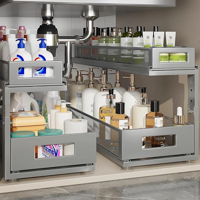 Corbyles 2 Pack 21.3IN-Depth Under Sink Organizer with Next-Gen Ball-Bearing Slides,2-Tier Pull Out Cabinet Storage,Height Adjustable Drawer Shelf for Bathroom,Kitchen,Laundry,Cabinet,Pantry-Gun Gray