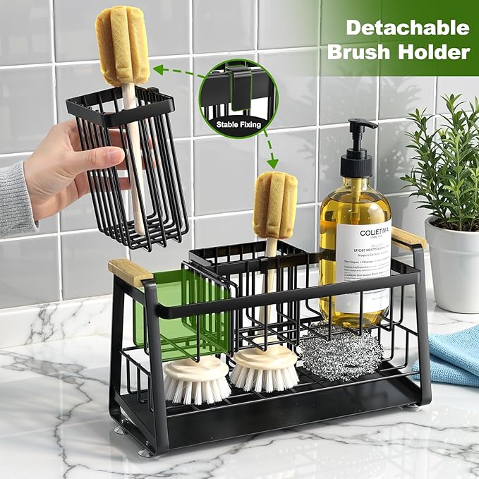 Housolution Sponge Holder for Kitchen Sink, 2-Tier Sink Caddy Organizer with Flexible High Brush Holder, Kitchen Countertop Storage Accessories, Soap Dispenser Organizer, Rustproof