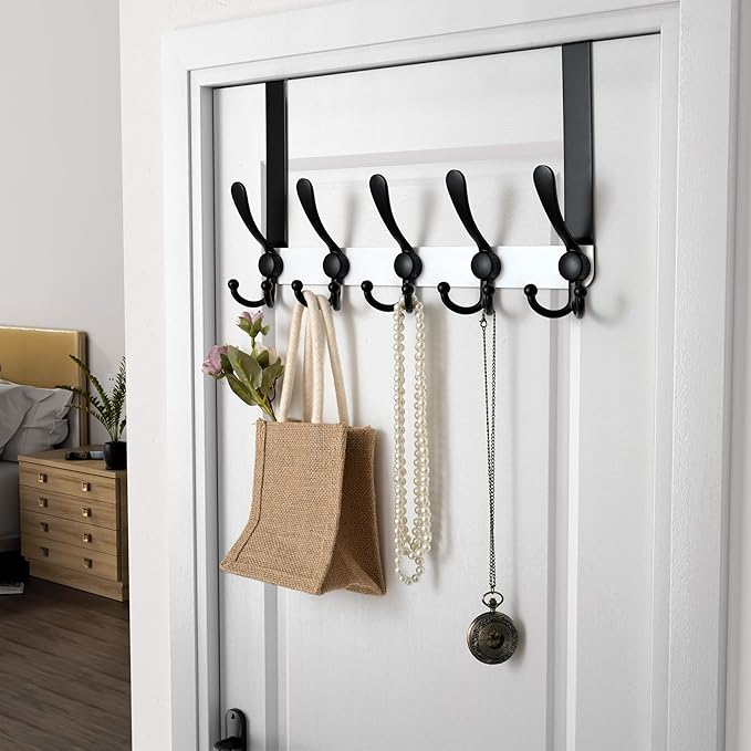 Dseap Over Door Hook 2.0 - Upgraded Version - Simple-Assembly, Strong, Heavy-Duty Stainless Steel 5-Tri-Hook Over The Door Hanger Rack, SimpleStrong Series, White & Black, Pack of 2
