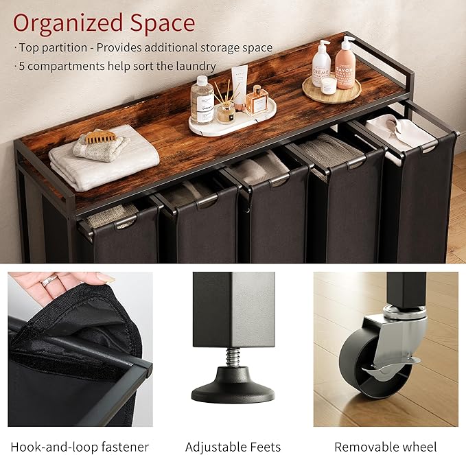 Laundry Hamper with Shelf, Laundry Basket 5 Section, Laundry Sorter with Pull-Out Removable Large Bags and Movable Wheels, Metal Frame, 5 x 15.87 Gallons (60L), Rustic Brown + Black PF08XLY