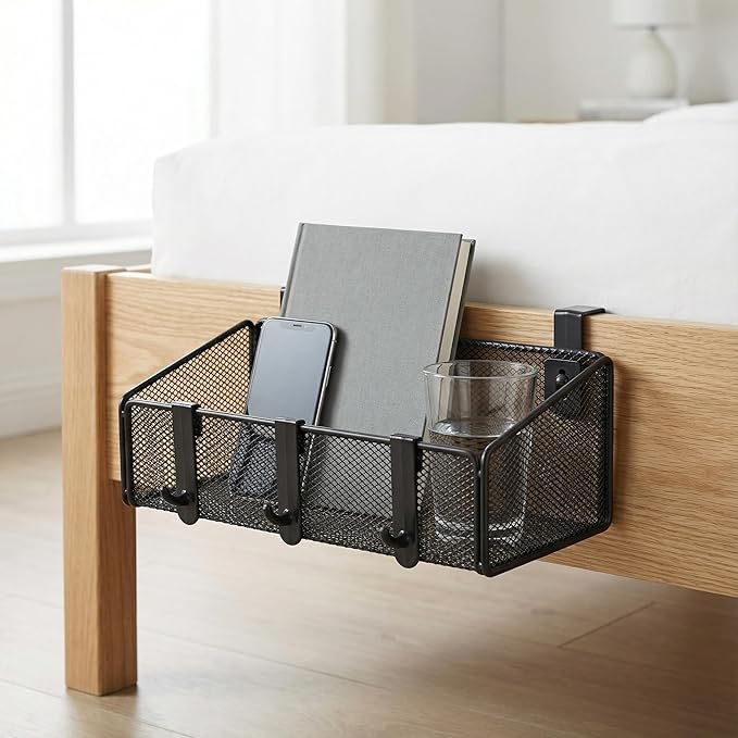 Bedside Caddy Shelf Hanging Storage Basket for Bunk Bed and Office Cubical Walls,Baby Bed Rails,College Dorm Bed Organizer - 5 Pairs Sized Hooks-for Phone Glass Magazine Decor (White)