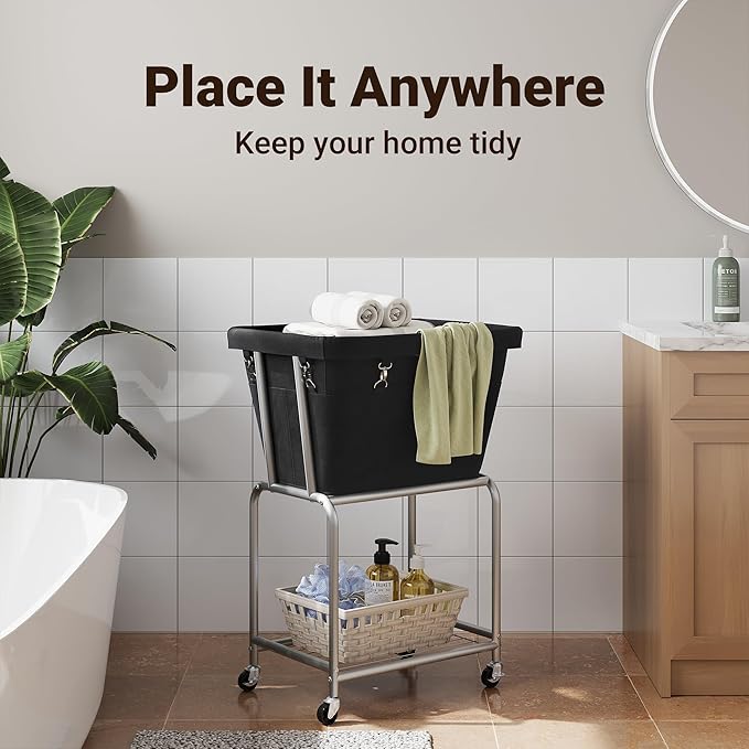 ELYKEN Laundry Cart with Wheels, Rolling Laundry Hamper with Removable Bag and Shelf, Metal Frame Laundry Basket with 4 Casters and 2 Brakes, Ideal for Bedroom, Bathroom, Laundry Room, Black