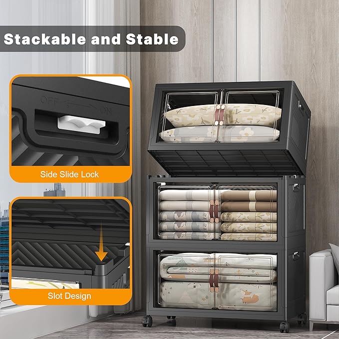 Extra Large Stackable Storage Bins with Lids & Wheels & Door, 960QT-160QT/40GAL*6Pack Foldable Collapsible Closet Organizers, Plastic containers drawers for bedroom Dorm