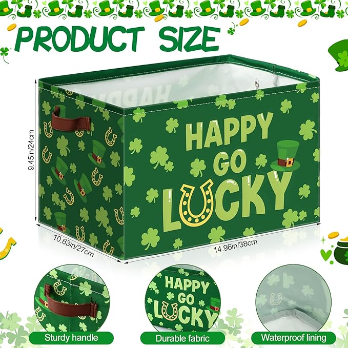 Boao 3 Pack Saint Patrick's Day Storage Baskets for Gifts Empty Collapsible Large Lucky Clover Storage Bins, Canvas Laundry Basket with Handle for Office Home Bedroom Clothes Toys, Irish Holiday Decor
