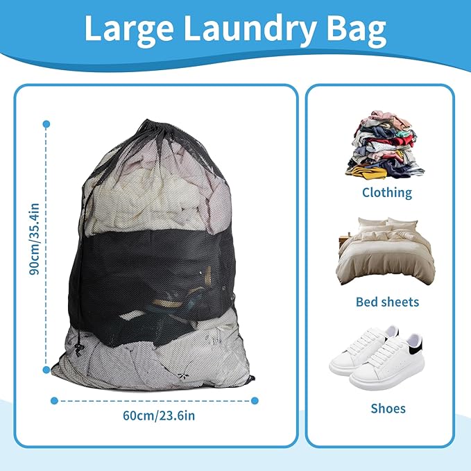 2 Pack Mesh Laundry Bags,24 x 35 Inches Heavy Duty Drawstring Dirty Clothes Bag for Camp,College,Dorm,Travel,Family,Apartment Dwellers,RV & Cruise Essentials(Black)