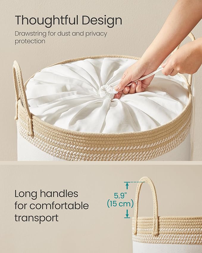 SONGMICS Laundry Hamper, Cotton Rope Laundry Basket with Handles, for Clothing, Living Room, Bedroom, 23.8 Gallons, 19.7 x 19.7 x 18.1 Inches, Cloud White and Camel Brown URLH090K01