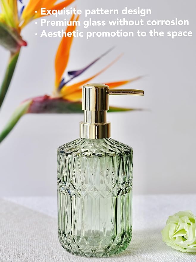 Green Glass Soap Dispenser with Gold Rust Proof Pump, Refillable Clear Glass Kitchen Soap Dispenser, Lotion Dispenser Bathroom for Hands Soap, Dish Soap, Body Wash (Green)