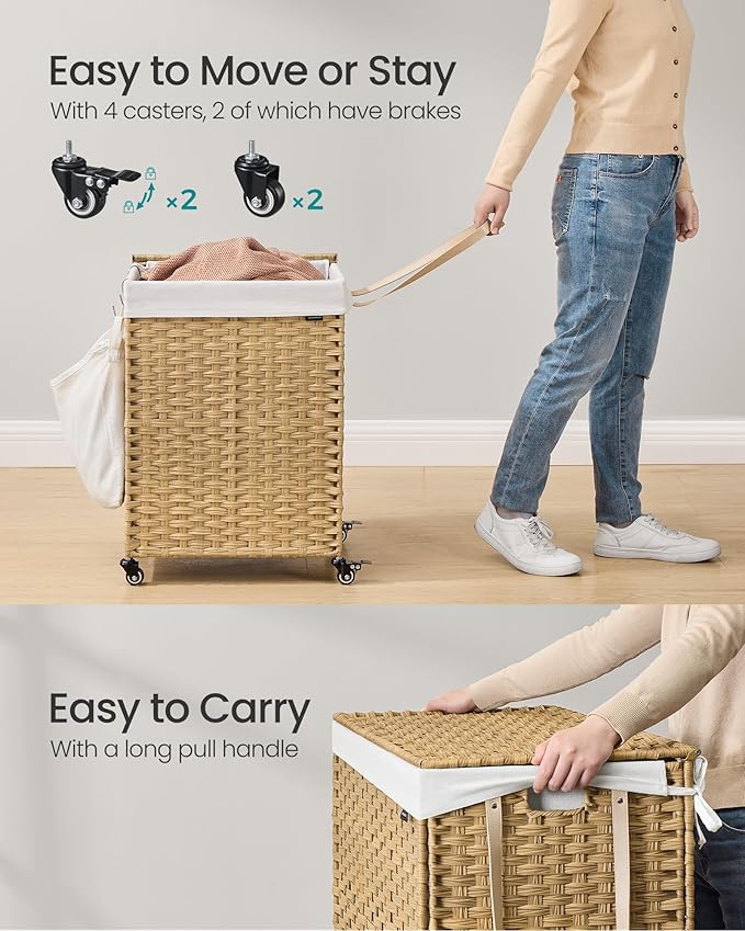SONGMICS Laundry Hamper with Lid, 31.7 Gallons (120 L), Rolling Laundry Basket with Wheels, Synthetic Rattan, Removable Liner, Bedroom, 18.1 x 15.7 x 26 Inches, Natural Color ULCB161Y01