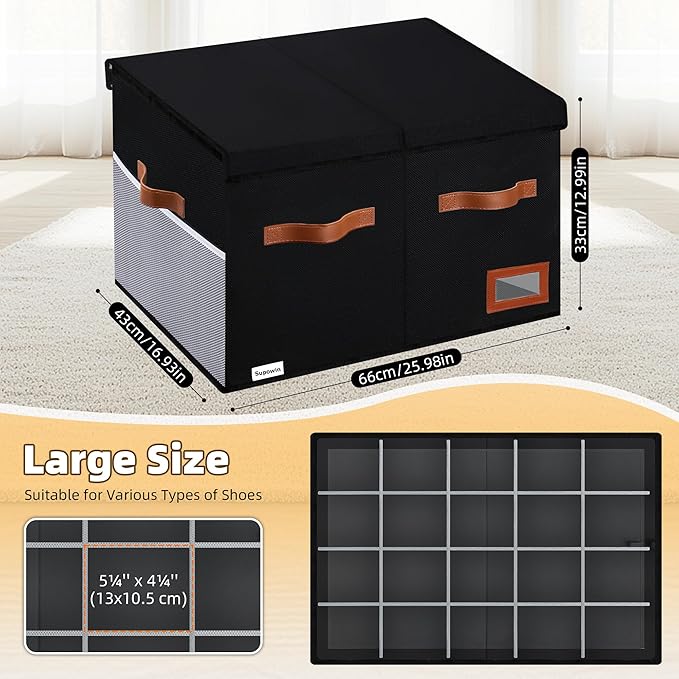 Shoe Organizer for Closet, Foldable Shoe Storage Bins with Lid & Adjustable Dividers, Fabric Shoe Box Storage Containers with Four Reinforced Handles, Fits 20 Pairs, 1 Pack, Black