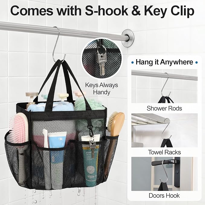 F-color Mesh Shower Caddy Portable, Upgrade Deeper 7 Pockets Shower Bag Basket Tote for College Dorm Room Bathroom Essentials Gym Camp Quick Dry 2 handles with S Hook, 2 Pack Black