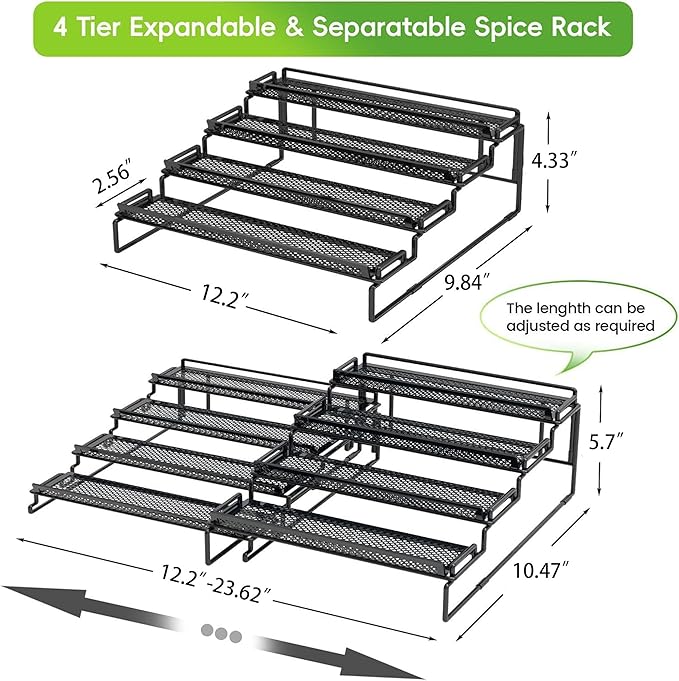 4 Tier Adjustable Spice Rack Organizer for Cabinet - Black (2 PCS S&L) Expandable Spice Shelf with Protection Railing for Inside Cabinets, Countertop, Pantry Storage & Seasoning Organization