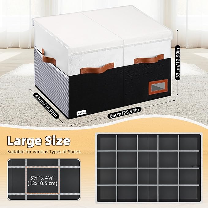 Shoe Organizer for Closet, Foldable Shoe Storage Bins with Lid & Adjustable Dividers, Fabric Shoe Box Storage Containers with Four Reinforced Handles, Fits 20 Pairs, 1 Pack, Black & White