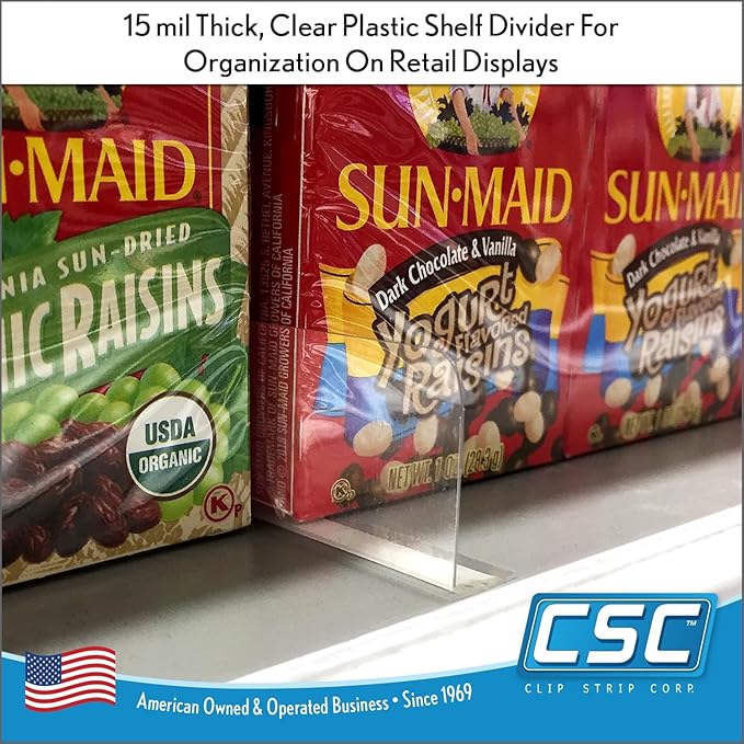 Clip Strip Shelf Dividers Pack of 50 for Retail Stores - Lightweight, Clear Adhesive Mount 1" H x 11-9/16" L Corp., 15 mil Crystal Clear PVC, Retail Shelf Separator, Item SD-1512