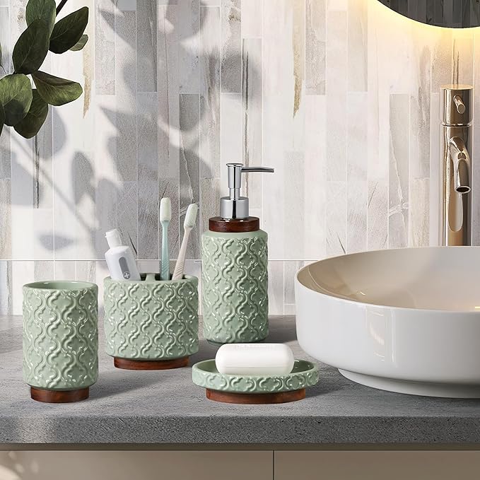 Bathroom Accessories Set 4 Pieces Toothbrush Holder Soap Dispenser Ceramic Bathroom Accessory Set Contain Toothbrush Cup Soap Dish Tumbler