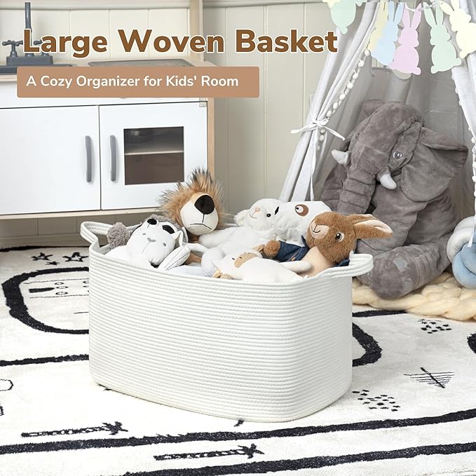 Goodpick Large Blanket Basket Living Room, Storage Baskets for Organizing, Woven Rope Laundry Basket for Toy Storage, 21.6" x 14.9" x 11.8", White