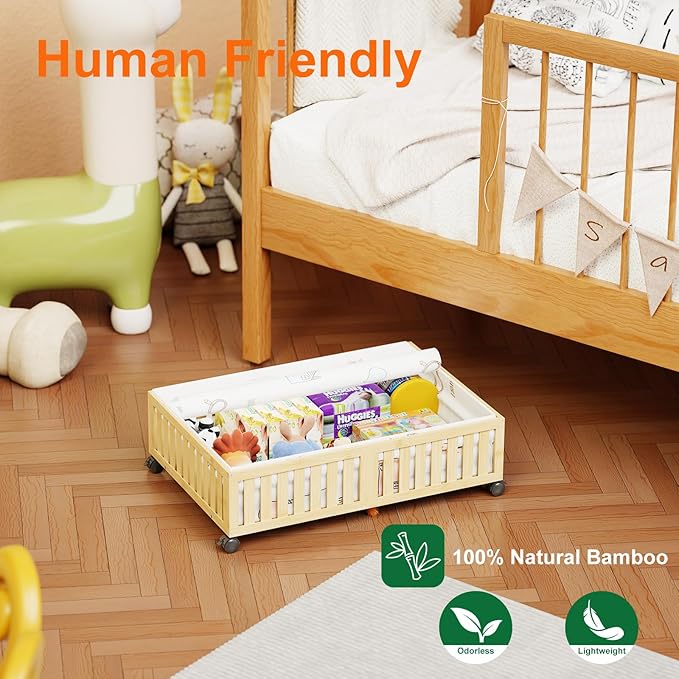 Bamboo Under Bed Storage Containers with Wheels, 40L UnderBed Drawers with Dust Bag, Breathable Under Bed Shoe Storage, Rolling UnderBed Clothes Storage, 2Pack