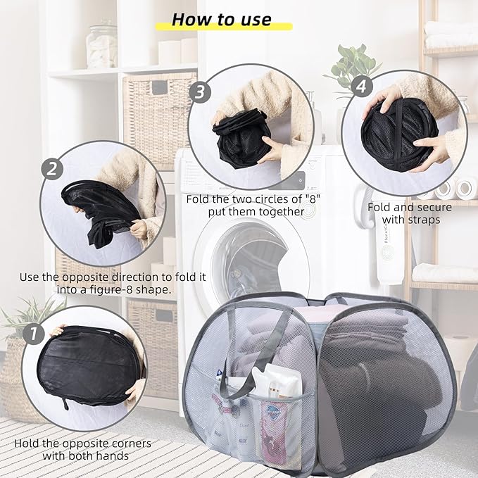 Collapsible Laundry Basket, 90L Foldable Pop-up Laundry Hamper with Handles, Mesh Dirty Clothes Hamper for Laundry, Bathroom, Kids Room, Dorm,Travel or Camping (White, 2PCS)