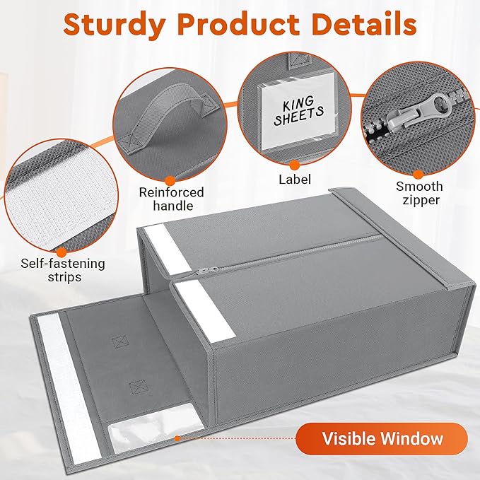 2 Pack Bed Sheet Closet Organizers and Storage,Sturdy Foldable Storage Containers with Window and Label,Storage and Organization for Bedding Sheets,Duvet Covers,Blankets (Grey)