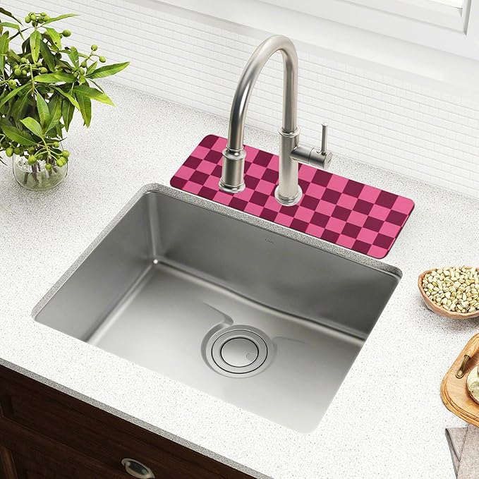 Checkered Hot Pink Kitchen Sink Splash Guard Sink Faucet Mat Faucet Handle Drip Catcher Drain Mats for Kitchen Bathroom Countertop Absorbent Dish Drying Pad 2Pack 14.7x5.4IN