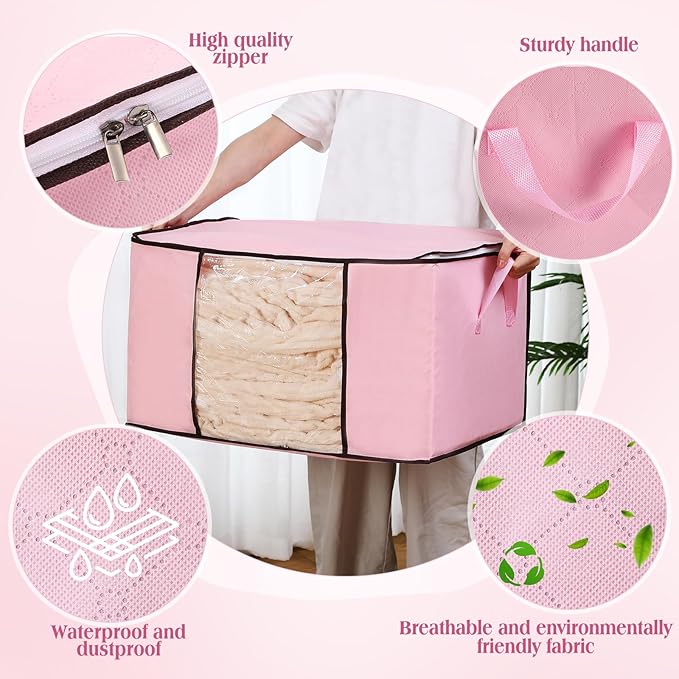 6 Pack 90L Clothes Storage Bags Dorm Storage Containers with Clear Window Handle Organization Bins for Comforter, Pillows, Closet and College Dorm Essentials(Pink)
