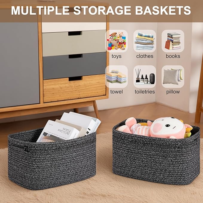 Storage Baskets for Organizing, Woven Decorative Baskets for Shelves - Books, Towels, and Clothes, Cotton Rope Toy Storage Bins, 12.7''Lx9''Wx7.8''H, Pack of 4, Black and White