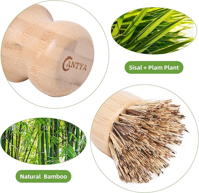 6 Pcs Bamboo Wok Brush - Hard Bristle, Eco-Friendly Bamboo Brush for Dishes, Biodegradable, Kitchen Dish Brush for Cleaning Pots, Pans, Grills and Stoves
