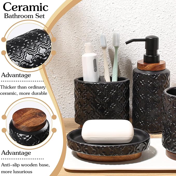 Bathroom Accessories Set 4 Pcs Toothbrush Holder Soap Dispenser Ceramic and Wood Bathroom Decor Set with Toothbrush Cup Soap Dish Tumbler Black