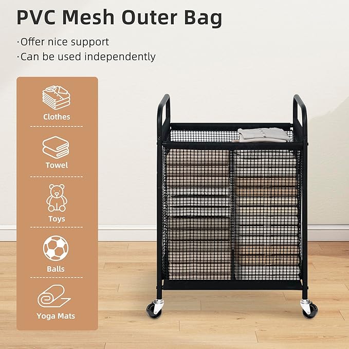 STORAGE MANIAC Rolling Laundry Hamper with Wheels 1-Section Laundry Sorter Rolling Laundrys Basket on Wheels with Removable Bag Clothes Hamper Laundrys Organizer Cart Bathroom Bedroom 90L Beige