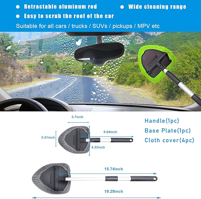 Ziciner Car Windshield Cleaner, Microfiber Auto Cleaning Wiper with Aluminum Extendable Handle and 2 Washable Reusable Cloth Pad Head, Universal Vehicle Interior Exterior Cleaner Kit (Green-Triangle)