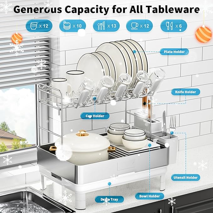 Large Dish Drying Rack, 304 Stainless Steel Dish Racks for Kitchen Counter, Automatic Drainage Spout, Rustproof Kitchen Dish Drainers with Drainboard, Utensil Holder & Glass Holder, White