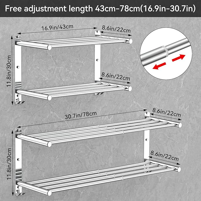 CAXIMSY Adjustable Towel Bar for Bathroom Wall Mount17-30.7inch Adhesive Shower Towel Rack Stainless Steel Bath Towel Holders for Toilet Kitchen Double Towel Hanger (Double Towel Rack)