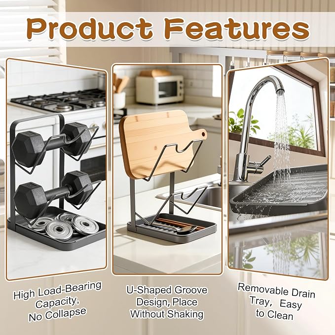 Kitchen Pot Lid Storage Rack, Pot Lid Holder With U-Shaped Vertical Slots, Multifunctional Kitchen Pot Cover Organizer for Countertop, With Removable Drip Tray for Stove Top (Black)