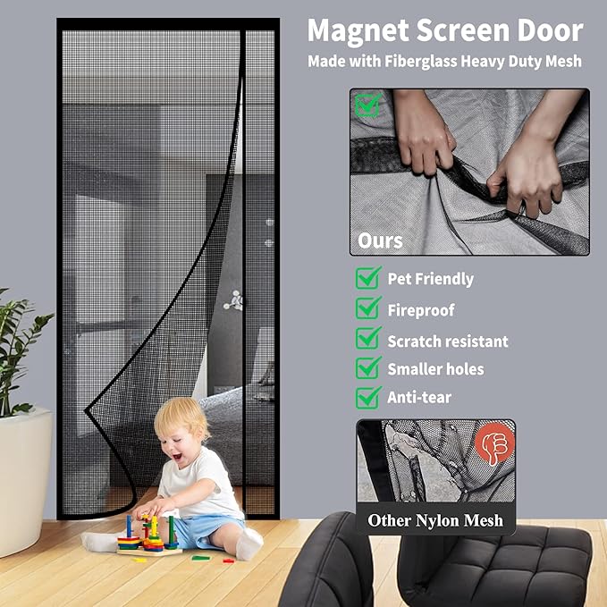 Reversible Left or Right Side Opening Magnetic Screen Door, Narrow Durable Fiberglass Mesh Curtain Hands Free for Patio, Bedroom, Fits Door Size 36" x 82", Black