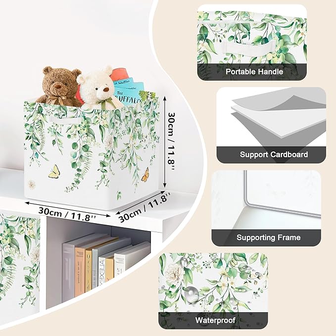 Clastyle 3 pcs Leaf Women Cube Storage Unit Bin with Metal Frame Foldable Kallax Box for Shelves Ladies Girls Closet Organizer Basket for Book Clothes Toy Organizer, Eucalyptus, 11.8x11.8x11.8 in