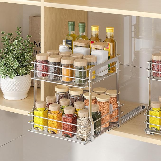 Pull Out Spice Rack Organizer for Inside Cabinet, 2 Tier Metal Spice Organization for Cabinet, Vertical Slide Out Seasoning Organizer, 9.65"W x 10.7"D x 10.24" H (Not for Cabinet with Lip)