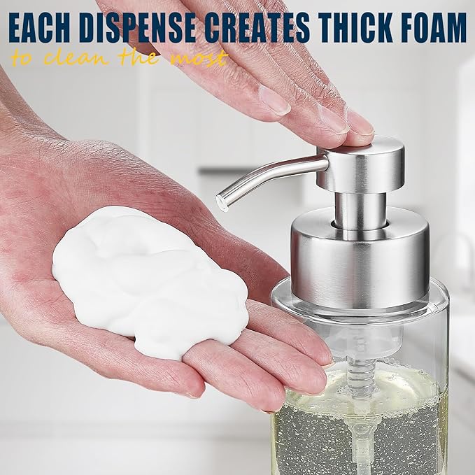 Doiliese Glass Foaming Hand Soap Dispenser, 10 oz Easy Refill Glass Soap Dispenser, Foam Dispenser with Stainless Steel Pump & Waterproof Labels, Clear Foam Soap Bottle for Bathroom Countertop
