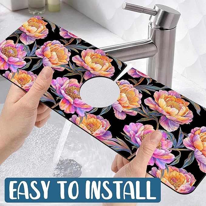Colorful Peonies Sink Splash Guard Blooming Peonies Faucet Absorbing Mat Fast Drying Mat Sink Gadgets Splash Guard Behind Faucet Drip Catcher for Kitchen Bathroom, 15.5"x5.5"
