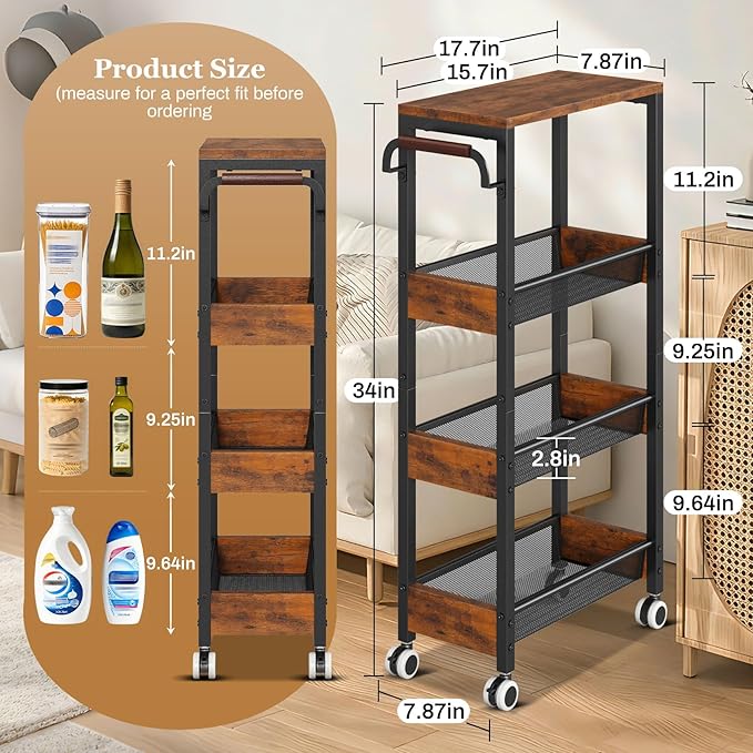 4 Tier Slim Rolling Cart with Wheels for Kitchen, Utility Narrow Storage Cart with Wood Top& Wood Handle for Small Space, Skinny Metal Organization Trolley Laundry Slim Storage Cart 7.9"