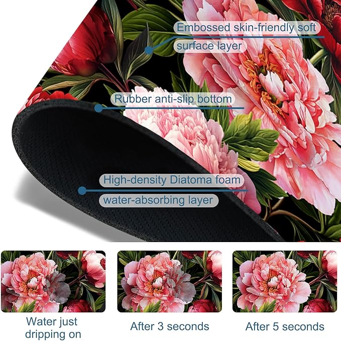 Blooming Peony Kitchen Sink Splash Guard Faucet Mat Pink Peony Flowers Super Absorbent Fast Drying Mat Sink Splash Guard Behind Faucet for Kitchen Bathroom, 15.5"x5.5"