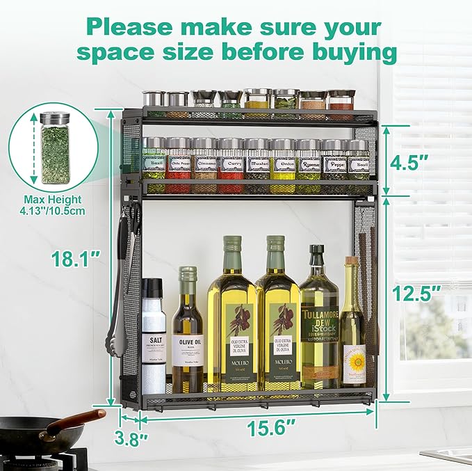 Docnest 3 Tier Wall Mounted Spice Rack with 9 Hooks-2 Installation Ways (Screw/Adhesive), Space-Saving Metal Spice Shelf for Jars & Seasonings, Hanging Organizer for Kitchen, Pantry, Home Decor, Black