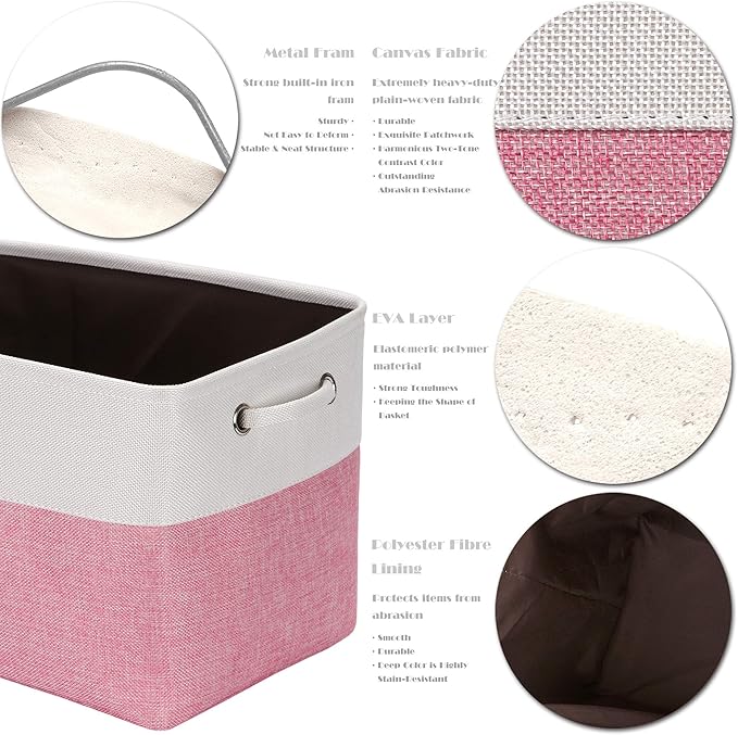 Sea Team 3-Pack Large Storage Basket Set, Trunk Organizer, Clothes Toys Bin, 15 x 10 x 10 Inches, Big Rectangular Canvas Fabric Collapsible Shelf Box with Handles for Kids Room (Pink/White)