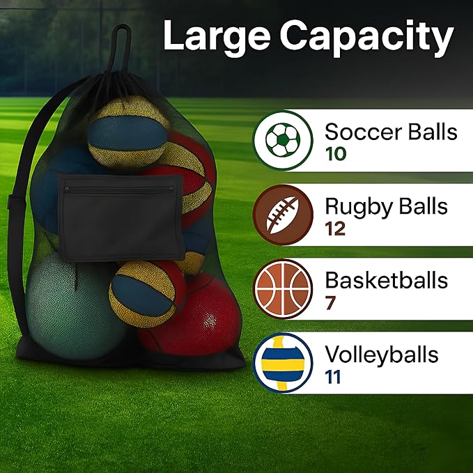 Handy Laundry Mesh Ball Bag - Up to 15 Balls Large Capacity Sports Equipment Bag Carrier with Adjustable Strap and Drawstring Closure - For Soccer, Basketball, Volleyball