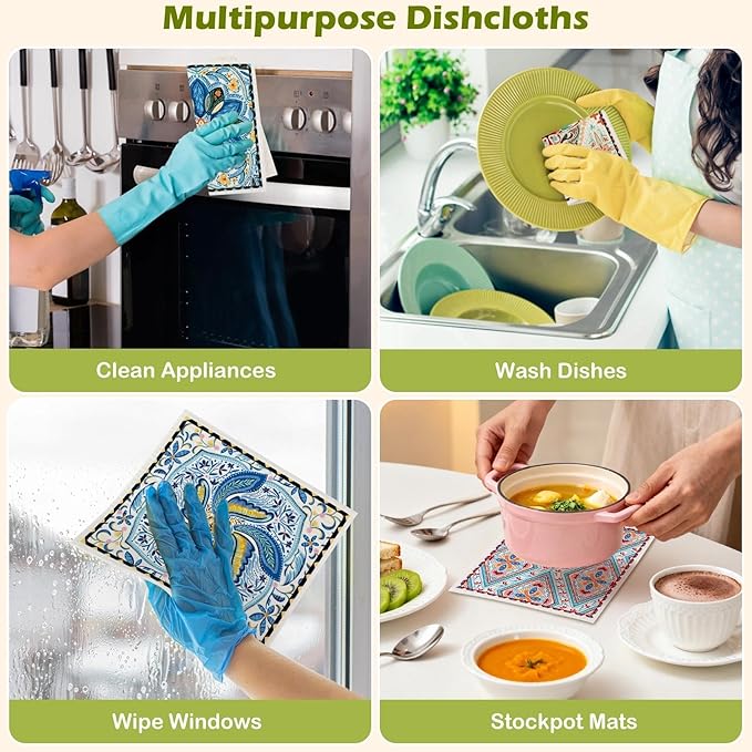 6 Packs Swedish Paper Cloths for Kitchen, Reusable Paper Towels Washable Dish Rags, Highly Absorbent Kitchen Towels Quick Drying Swedish Sponge Cleaning Dish Cloths (Floral Ornamentation)