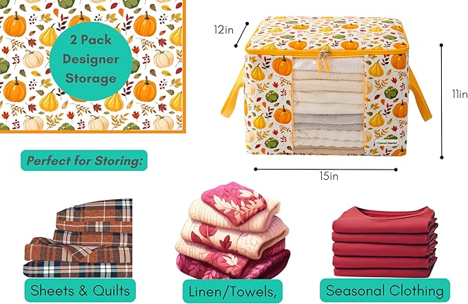 Chaos Cleared Canvas Storage Bags Designer Organizer 2 Pack – Seasonal Storage for Sweaters, Blankets, Linens & Garments – Foldable Design with Zip & Window, Moth-Proof Space Saver, Pumpkin Print