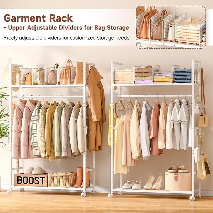 Portable Clothes Rack with Adjustable Shelf Divider, Freestanding Closet Organizers and Storage, Garment Rack and Purse Storage with 8 Hooks, Clothes Organizer on Wheels for Hanging Clothes, White