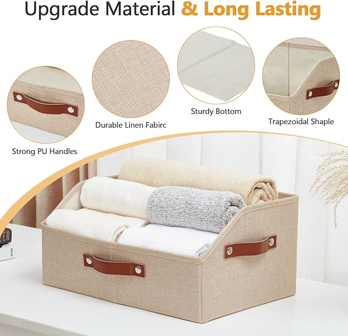 Closet Organizers and Storage, Linen Trapezoid Storage Bins with Handles, Collapsible Shelf Organizer for Blanket, Towel, Clothes, Hats, Purse (Khaki)