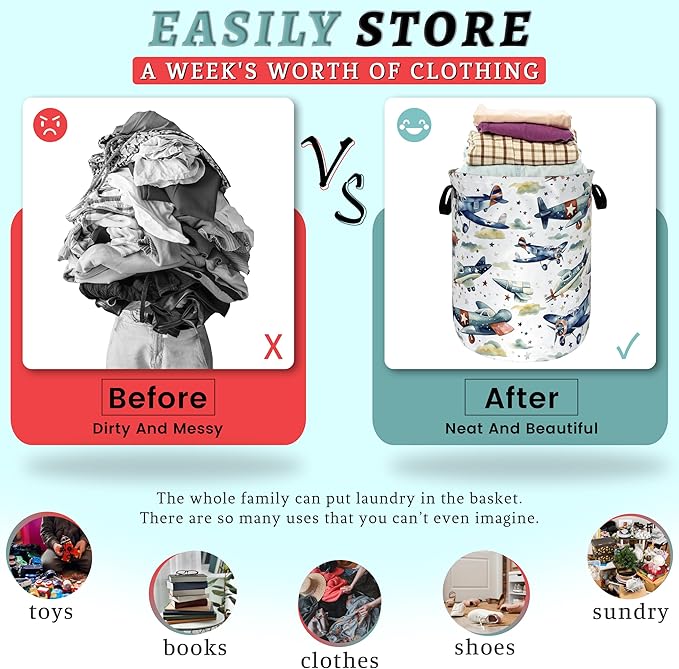 Watercolor Plane Laundry Basket Foldable Cartoon Laundry Hamper Oxford Cloth Plane Printed Colorful Tote Bag Clothes Toy Storage Bucket For Bathroom/Laundry Storage/Bedroom 18.9x16.5 Inch